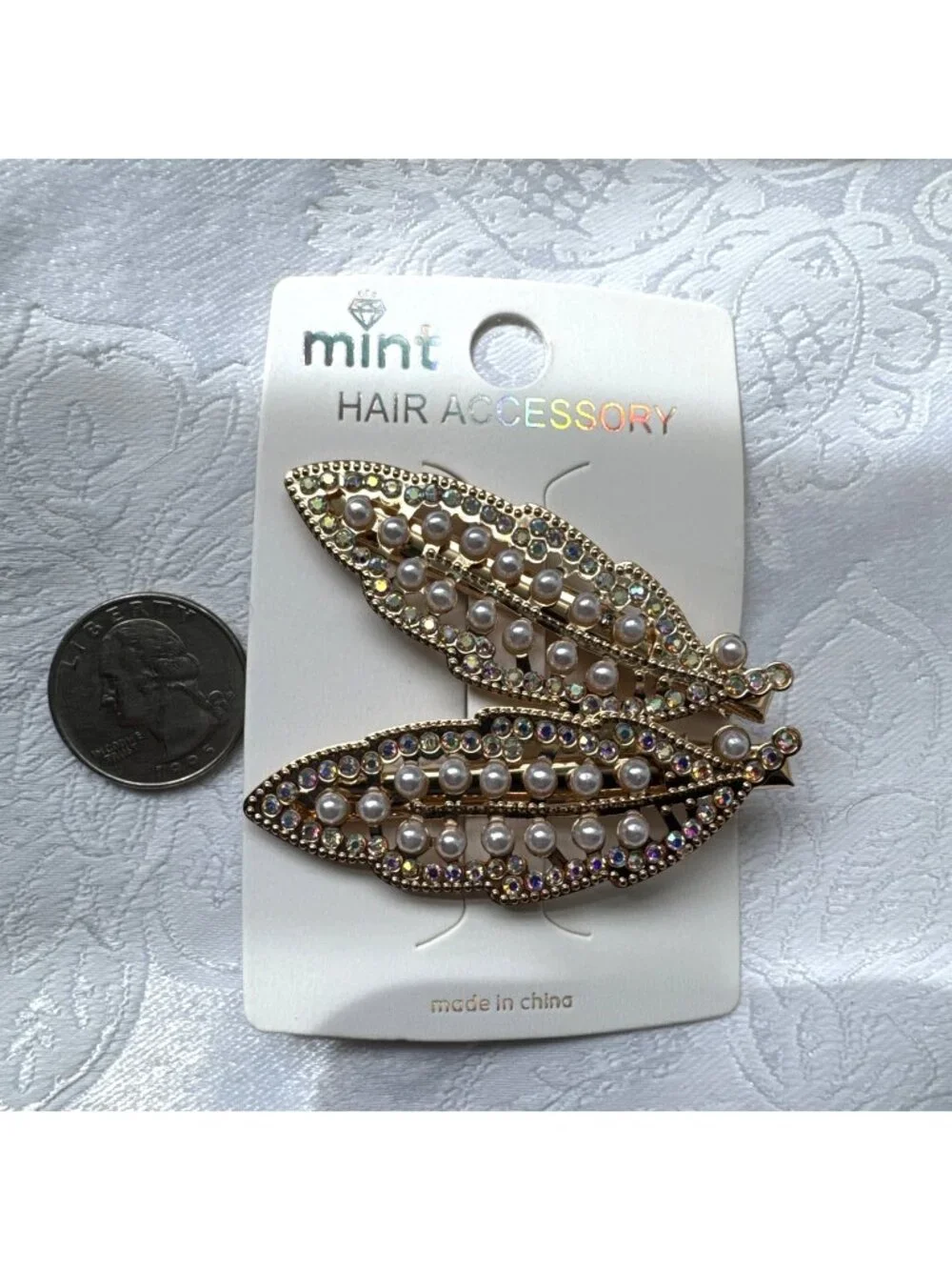 2 Gold Pearl Hair Clip Clamp Metal Alligator Claw Bling Crystal Rhinestone 2.5